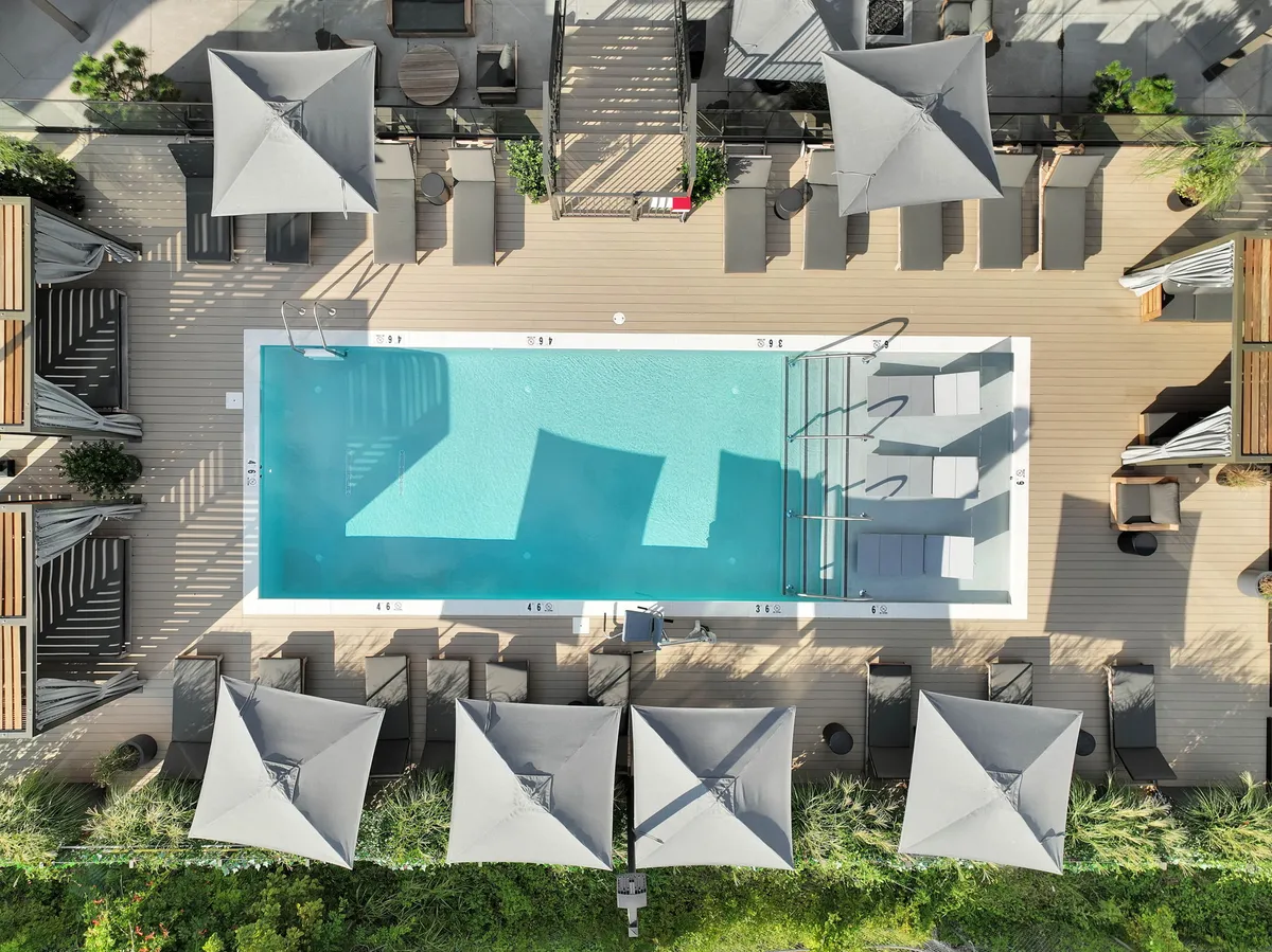 A beautifully designed swimming pool area surrounded by lounge chairs, shade umbrellas, and lush greenery. The deck features ample space for socializing or relaxing, and the tranquil water glimmers in the natural light, creating a luxurious resort-like atmosphere.